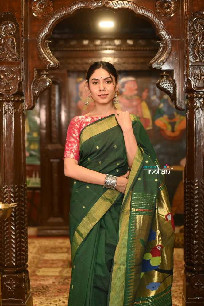 Forest Green With Parrot Pallu Pure Cotton Paithani Saree