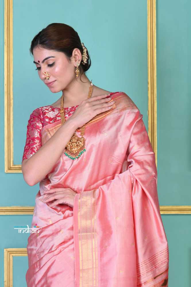 Peach Pure Silk Double Pallu Paithani Saree