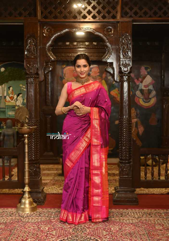 Magenta Pure Silk Paithani Saree With Double Pallu
