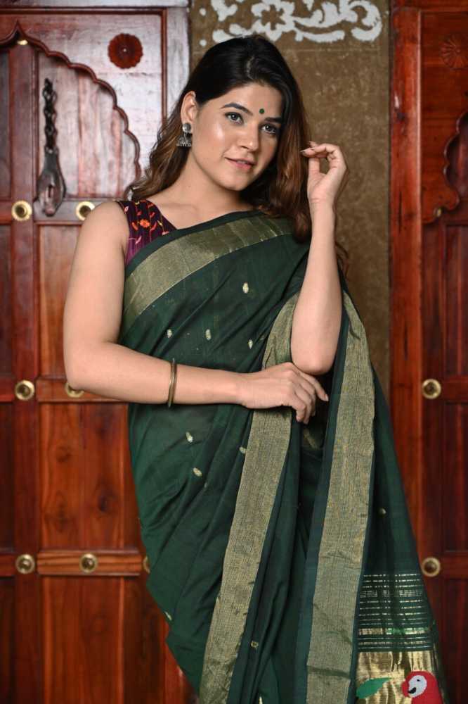 Green Pure Cotton Paithani Saree With Traditional Pallu