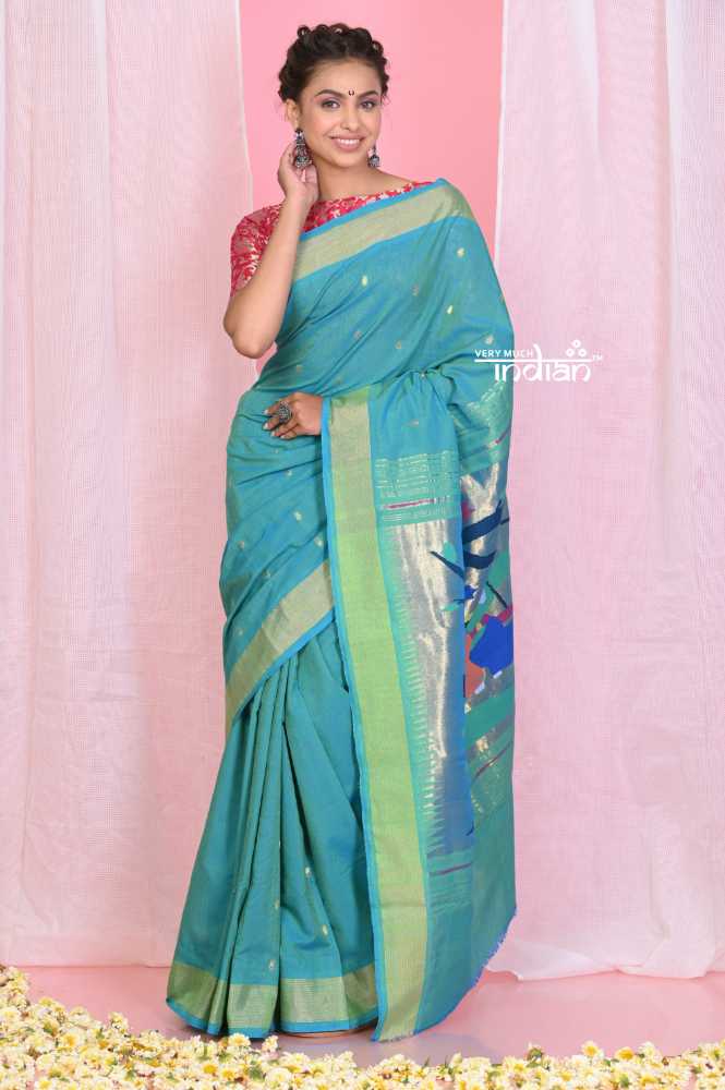 Sky Blue Pure Cotton Paithani With Traditional Pallu