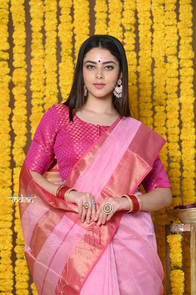 Pink Ari Checks Cotton Silk Saree With Golden Border