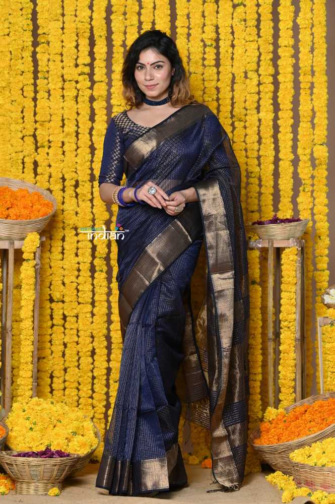 Blue Ari Checks Cotton Silk Saree With Golden Border