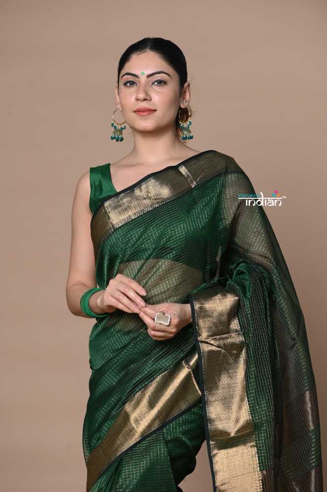 Green Ari Checks Cotton Silk Saree With Golden Border