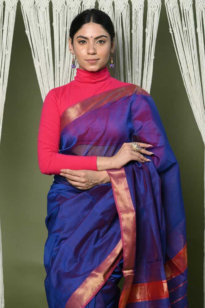 Navy Blue Cotton Silk Saree With Golden Border