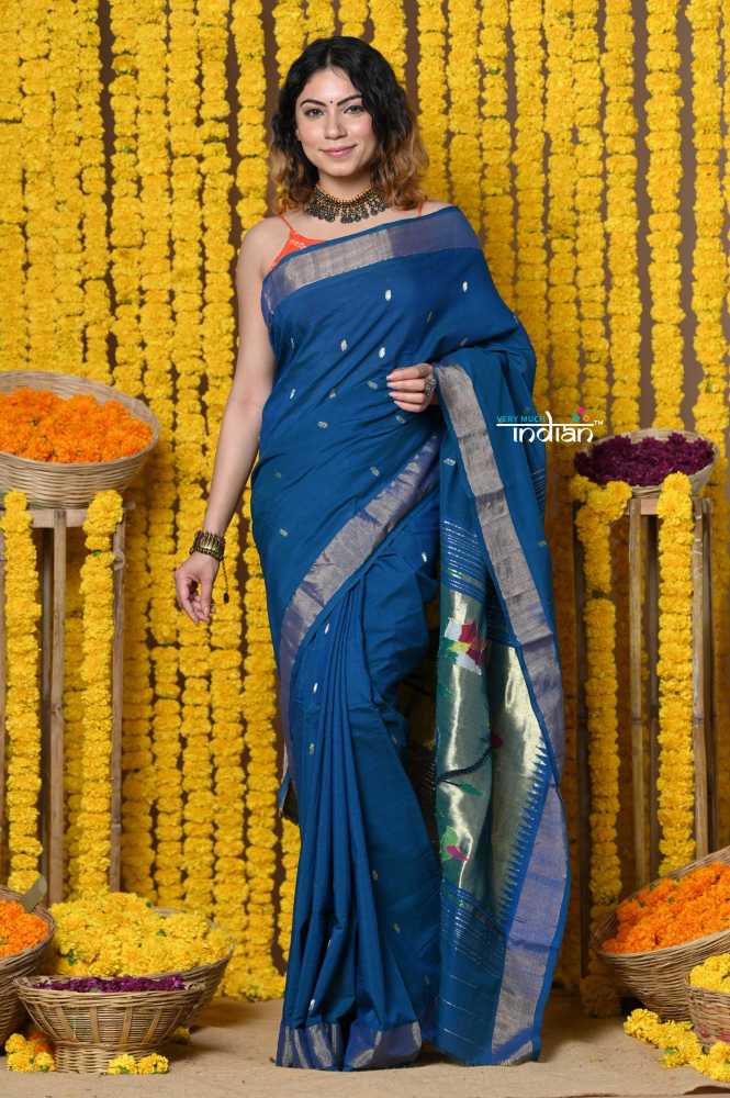 Blue Pure Cotton Paithani Saree with Traditional Pallu