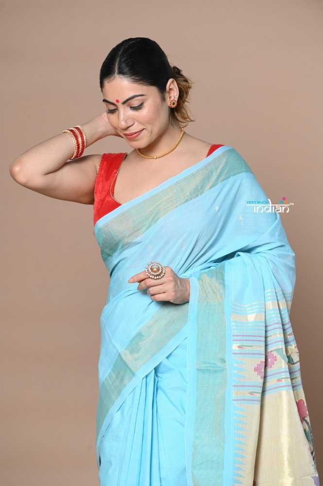 Blue Pure Cotton Paithani Saree With Traditional Pallu