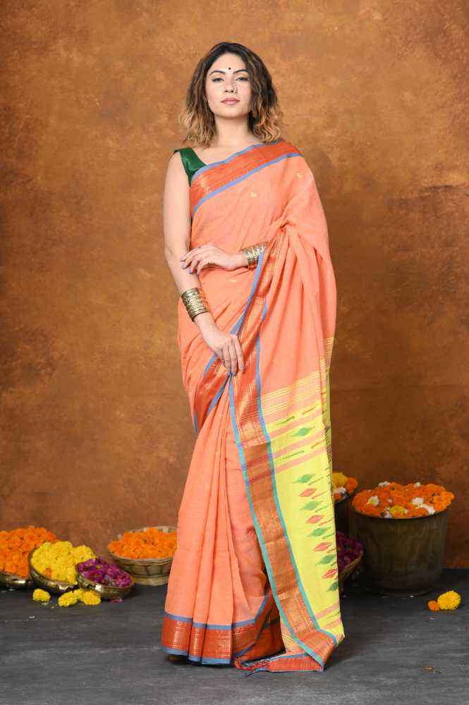 Sky Blue Pure Cotton Paithani Saree With Traditional Pallu