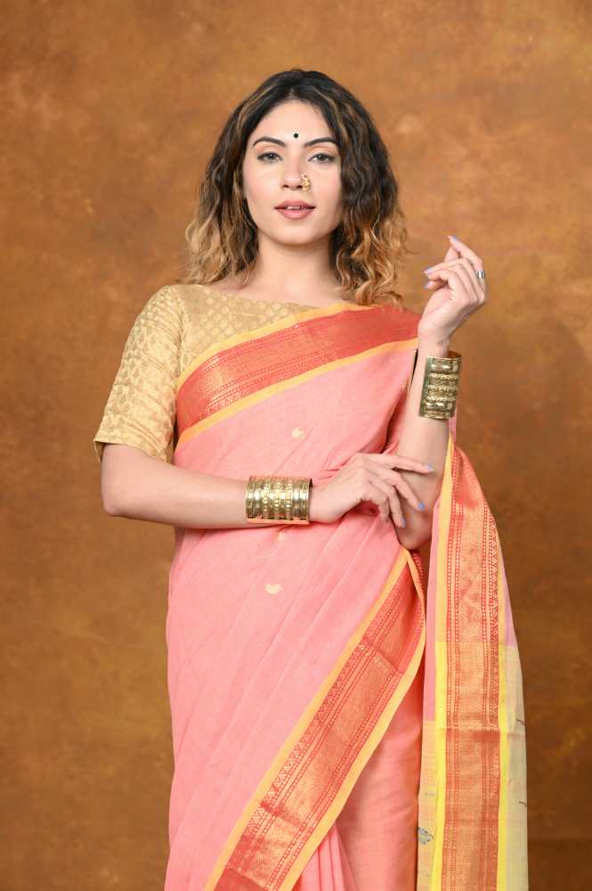 Apricot Pure Cotton Paithani Saree With Traditional Pallu