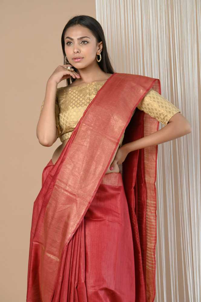 Crimson Red Moonga Tussar Silk Saree With Beautiful Border