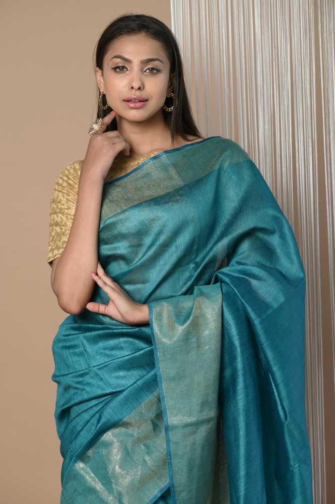 Greenish Blue Moonga Tussar Silk Saree With Beautiful Border