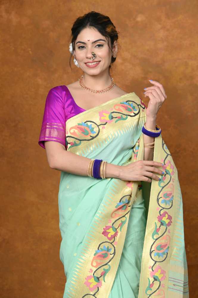 Mint Green Pure Cotton Paithani Saree With Traditional Pallu