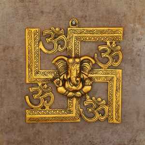 Lord Ganesha On Om Swastik Metal Golden Wall Hanging