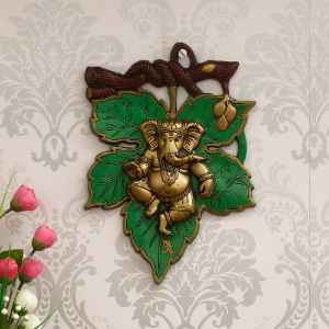  Dancing Golden Lord Ganesha On Green Leaf Metal Wall Hanging