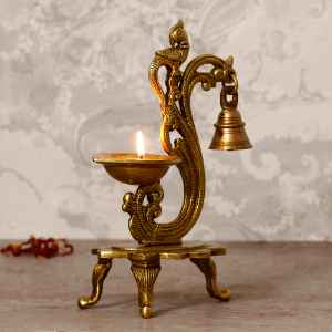  Antique Finish Decorative Handcrafted Brass Parrot Showpiece Diya With Bells And Stand