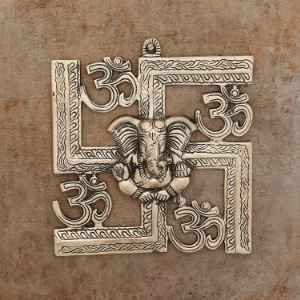 Lord Ganesha On Om Swastik Metal Silver Wall Hanging