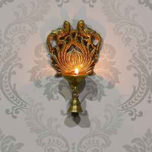  Antique Finish Decorative Bird Design Handcrafted Brass Wall Hanging Diya With Bells