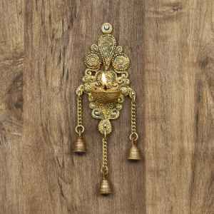  Antique Finish Decorative Handcrafted Brass Wall Hanging Diya With Bells
