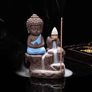  Meditating Monk Buddha Smoke Backflow Cone Incense Holder Decorative Showpiece With 10 Free Smoke Backflow Scented Cone Incenses