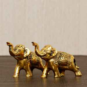  Set Of 2 Golden Elephants Metal Animal Figurine Decorative Showpiece