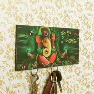  Lord Ganesha Theme Wooden Key Holder With 7 Hooks