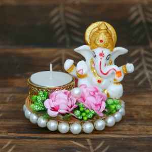  Lord Ganesha Idol On Decorative Plate With Tea Light Holder