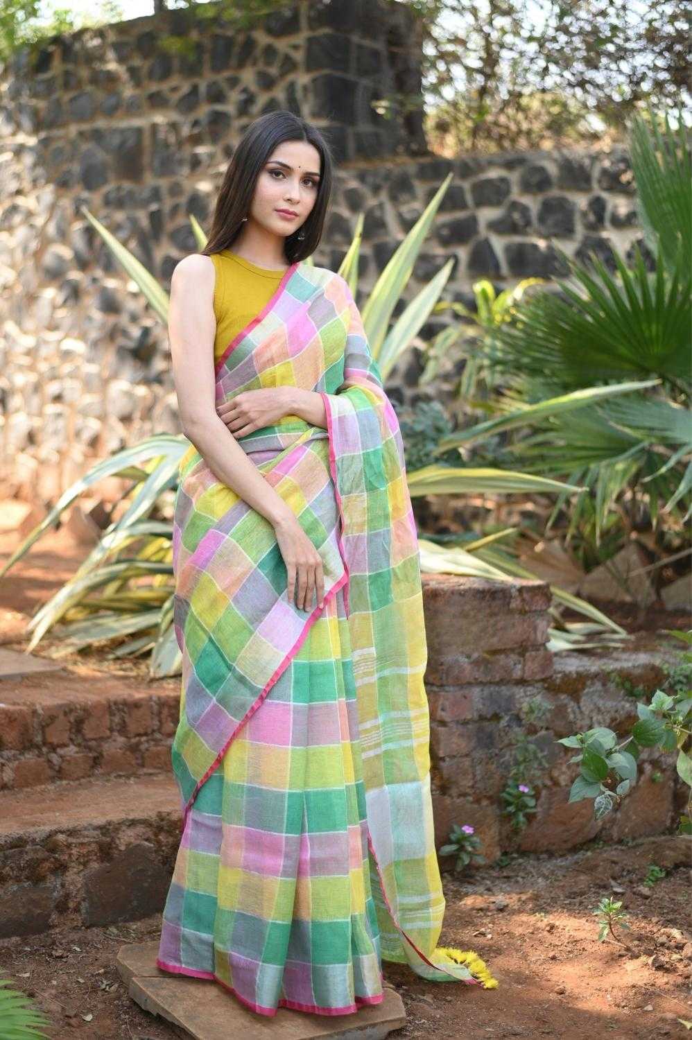 Sage Green Pure Linen Saree With Geometric Checks All Over