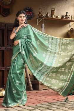 Sage Green Pure Linen With Hand Block Printing And Border