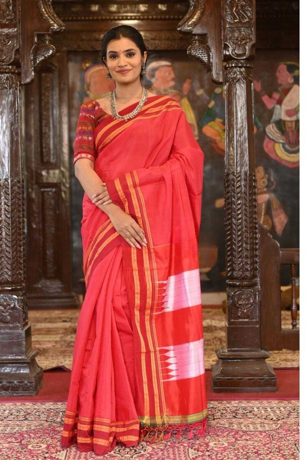 Deep Red Handloom Cotton Silk Ilkal Saree, Resham Pallu