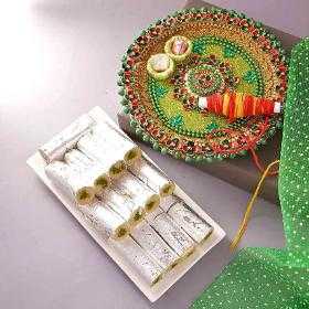 Bhai Dooj Designer Pooja Thali With Pista Roll And Teeka