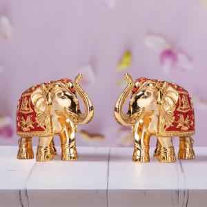 Gold Plated Meenakari Trunk Up Elephant Idol Showpiece For Vastu, Prosperity & Good Luck – 3 Inches – Pack Of 2 – Red