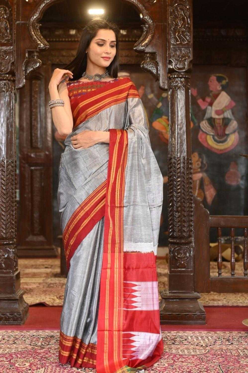 Silver Gray Handloom Cotton Silk Ilkal Saree, Resham Pallu