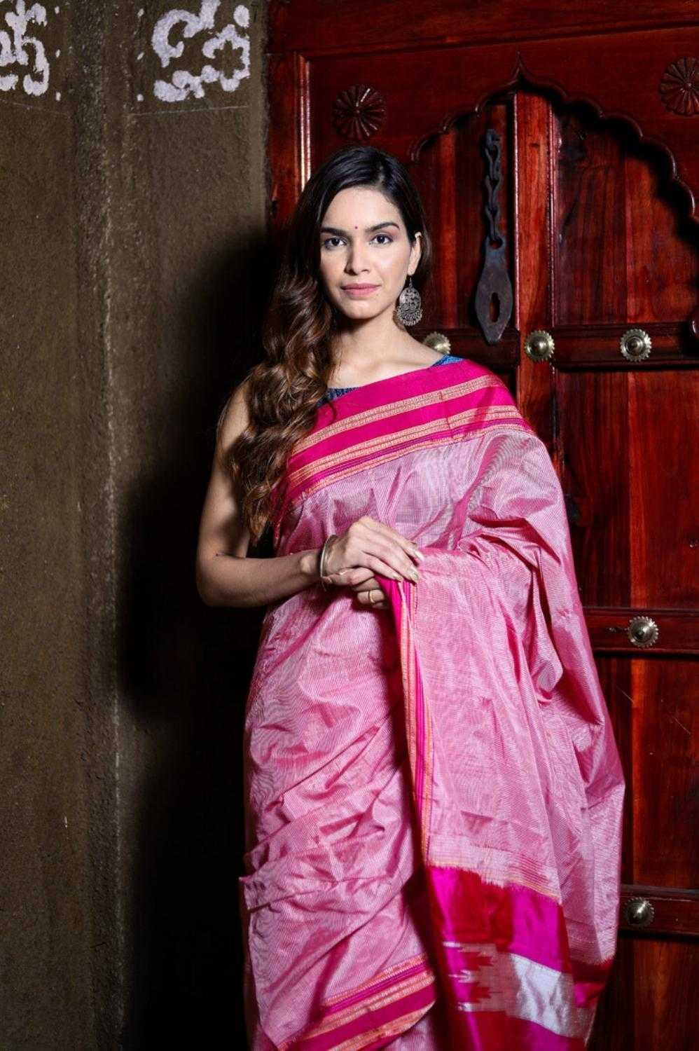 Blush PinkHandloom Cotton Silk Ilkal Saree, Resham Pallu