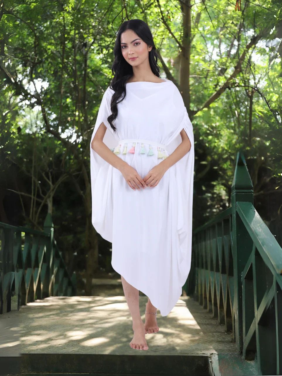 A Majestic Splendour Stunning Rayon Drape Dress in White with Multi Color Tassel Belt