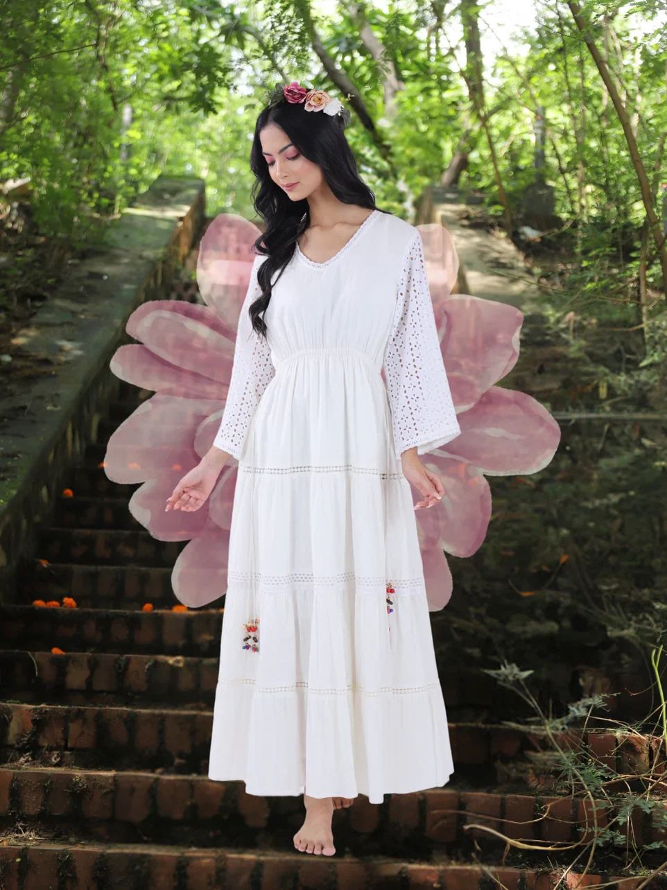 Ram Boota White Flare Dress with Sifli Sleeves