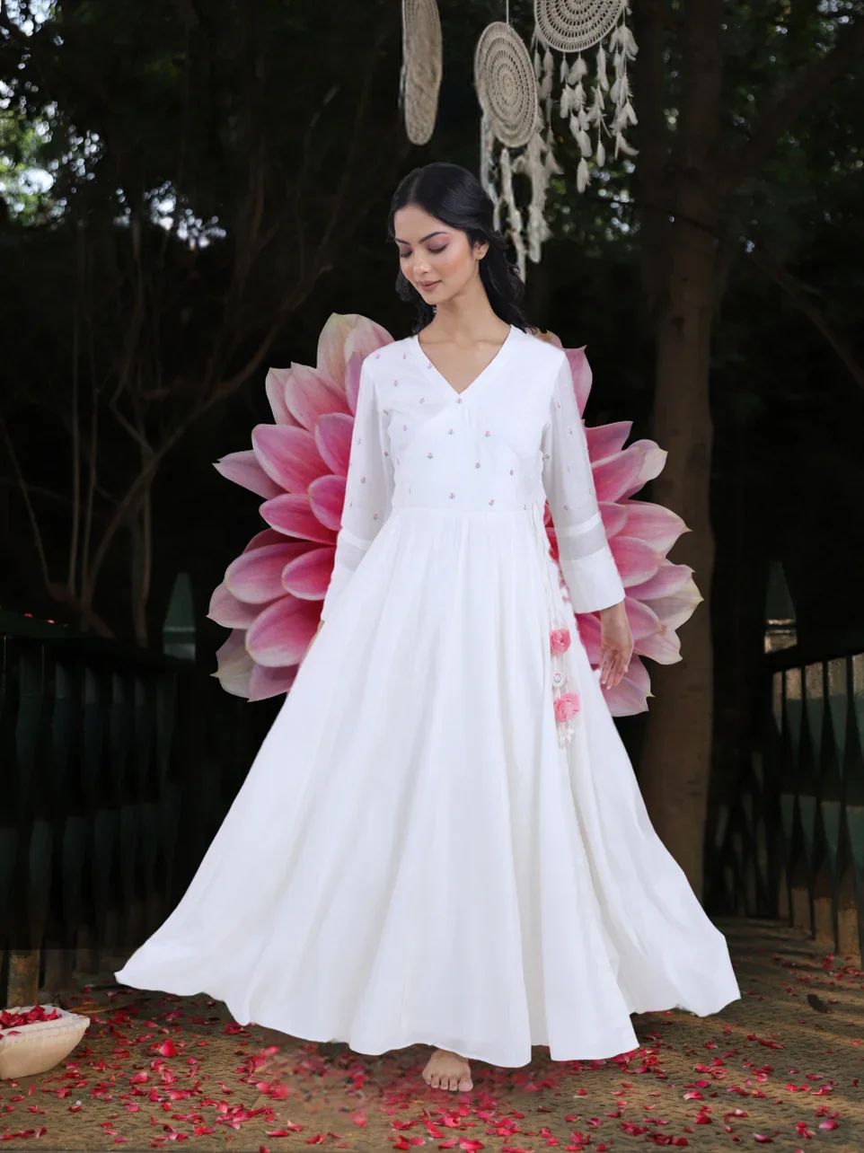 White Muslin Choli Pattern Angrakha With Pink Tassles