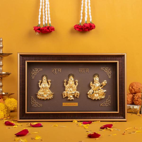 Golden Trimurti Photo Frame Ganesha Laxmi and Saraswati  105 x 65 Inches