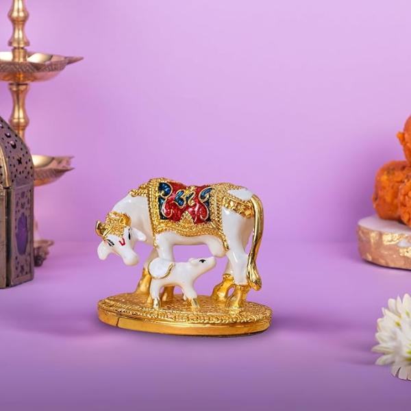 Kamdhenu Cow with Calf Idol for Home Decor  White  3 Inches