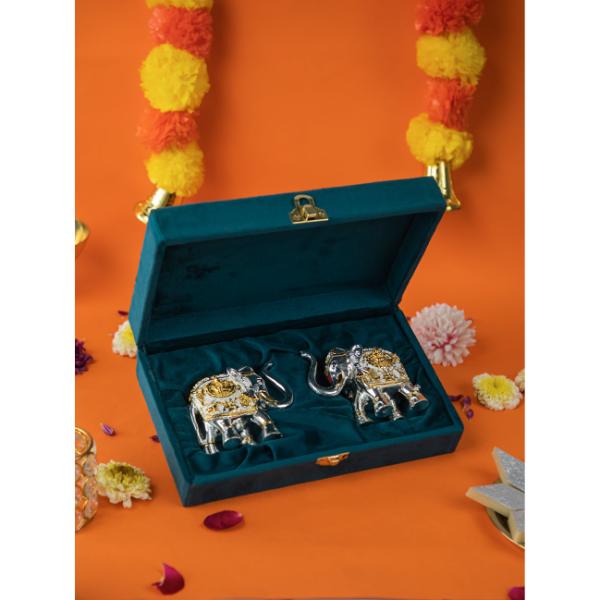  Silver Plated Trunk Up Vastu Elephant Idol  Showpiece for Good Luck Prosperity and Home Decoration for Housewarming Ceremony 3 Inches  Pack of 2