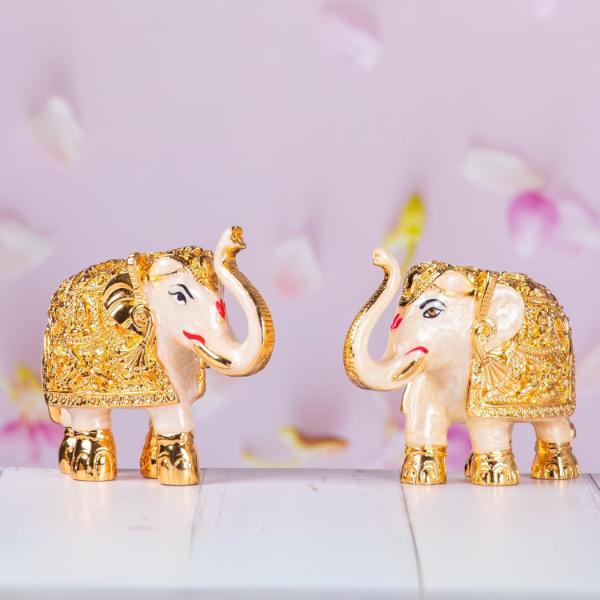  Gold Plated Trunk Up Elephant Idol Showpiece for Vastu Prosperity Good Luck Gifting for House Warming and Home Decor  3 Inches  Pack of 2  White