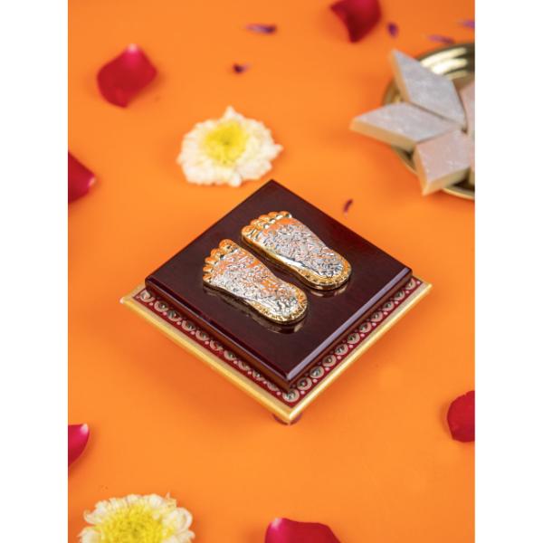 Laxmi Charan Paduka on Wooden Base  Silver  Gold Finish Feet for Pooja Home Temple  Diwali Gifting