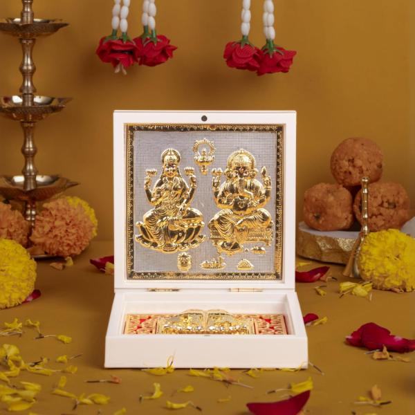  Gold Plated Laxmi Ganesh Pocket Temple Box for Pooja Room  LakshmiGanesha Divine Pooja Boxes With Photo Frame  Charan Paduka  Diwali Gift  Home Decor  White Pack of 1