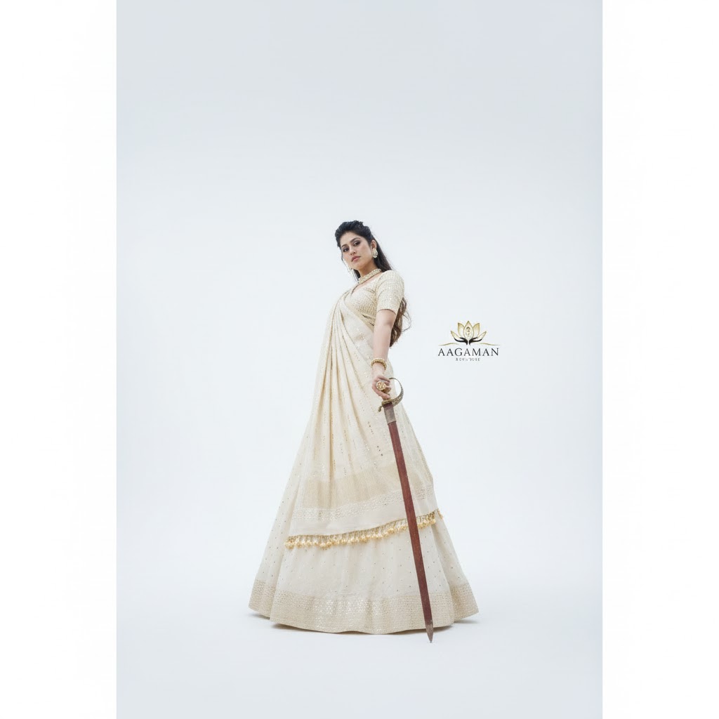 Beige Mukaish Tikki Pure Tassar Lehenga Set