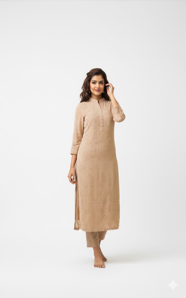 Hazel Nut Chikan Mukaish Pure Georgette Kurta with Pants