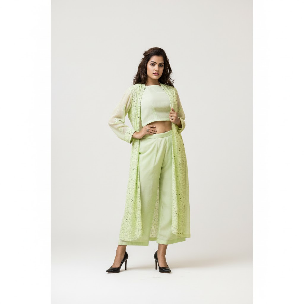 Pista Green Chikan Mukaish Viscose Georgette Jacket with Crepe Crop Top  Palazzo