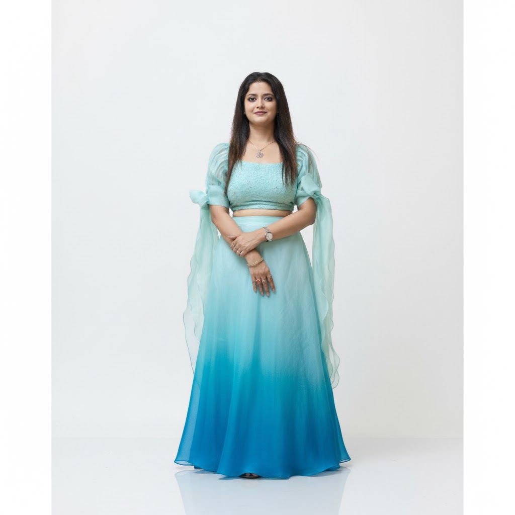 Shaded Blue Pure Organza Skirt with Chikan Mukaish Top