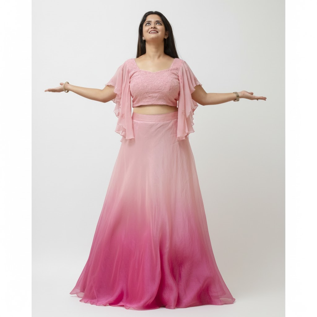 Shaded Pink  Pure Organza Skirt with Chikan Muakish Top