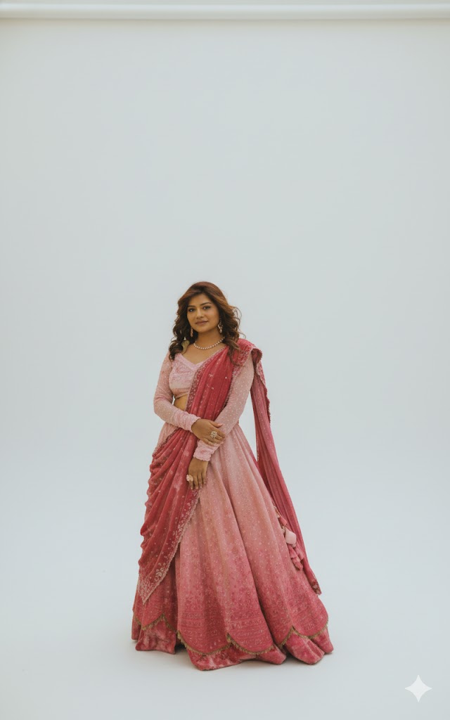 Shaded Pink Chikan Mukaish with Velvet Frills Pure Georgette Lehenga Set