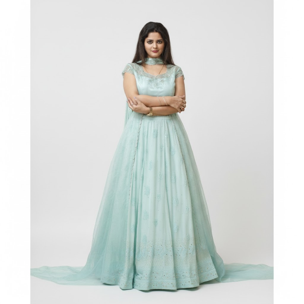 Sky Blue Chikan Mukaish Light Viscose Georgette Lehenga Set