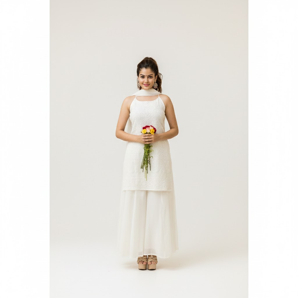 White Chikankari Viscose Georgette Suit Set